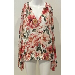 WHBM  Floral Sheer‎ Overlay Smocked Blouse Sz XL Soft Romance Feminine Ethereal